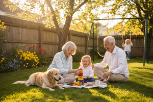 grandperants with thier graderchild in the backyard