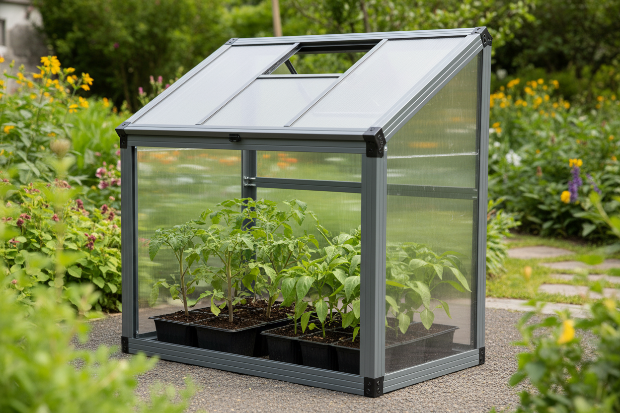 The YMX-03 cold frame features a taller lid for seedlings and vertical crops. Choose 4 mm or 6 mm polycarbonate, both UV-stabilized, on a reinforced aluminum frame — a sturdy, small-footprint alternative to a mini greenhouse.

Tall opening—extra headroom for tomatoes, peppers, and starter trays.
Optional 6 mm polycarbonate for improved insulation.
Reinforced frame designed for wind and light snow conditions.
DIY assembly—~20–30 minutes for two people.
Excellent season extension for cooler reg